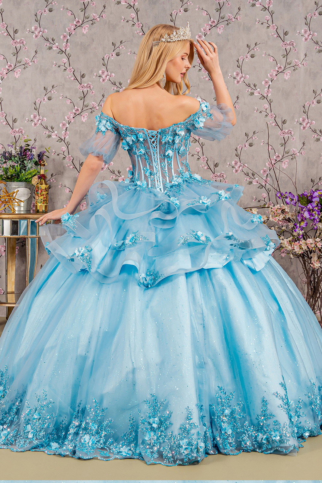 3-D Flower Applique Sheer Bodice Quinceanera Gown w/ Ruffle Skirt