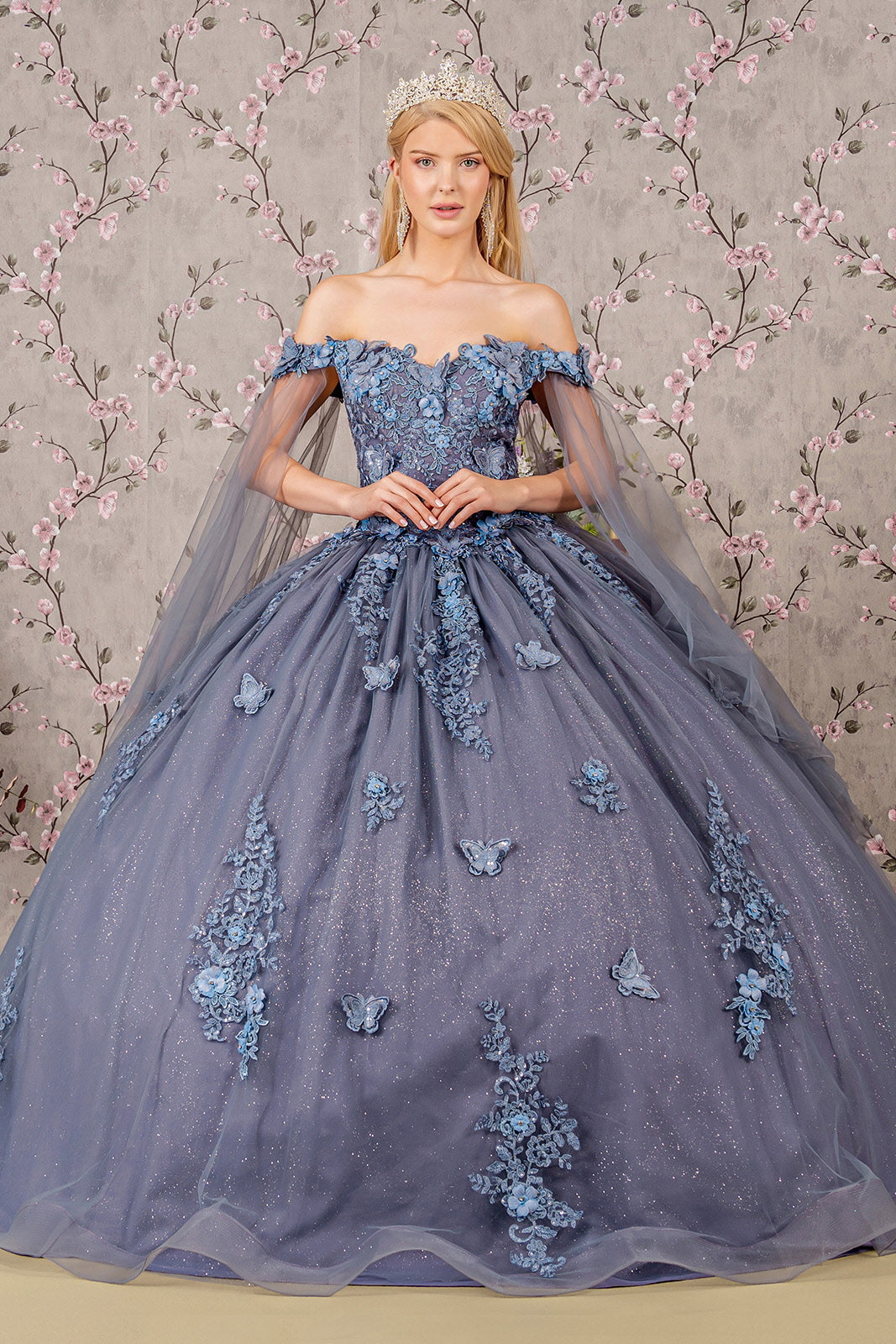 Jewel Glitter Mesh Quincenera Gown w/ Detachable Side Mesh Drapes