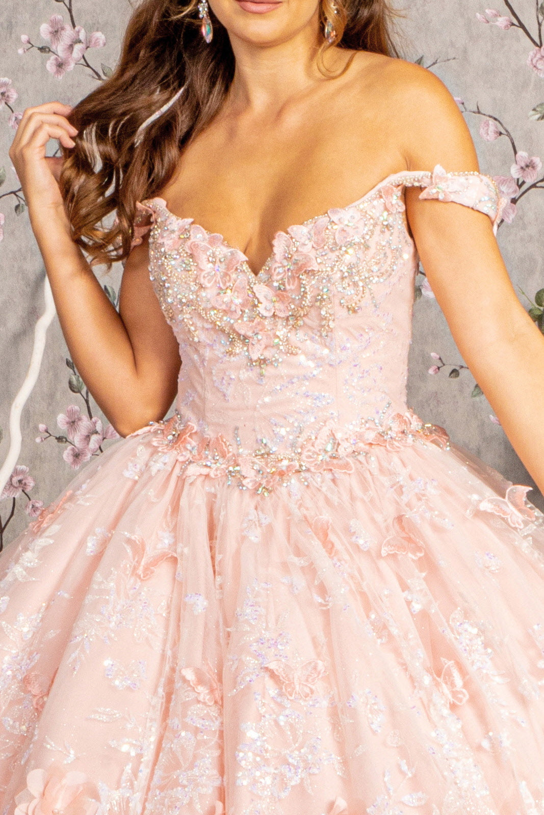 3-D Butterfly Applique Jewel Sequin Quinceanera Ball Gown