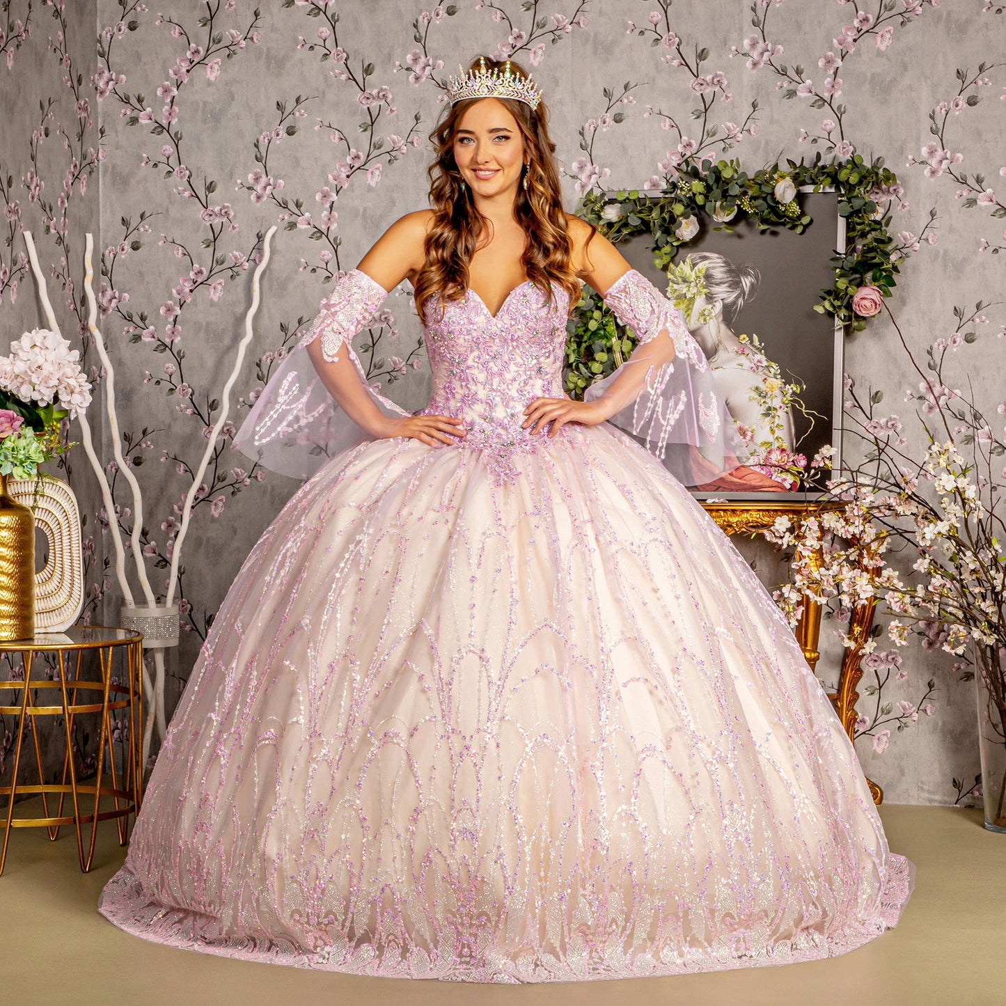 Jewel Sequin Mesh Ball Gown w/ Detachable Long Sleeves
