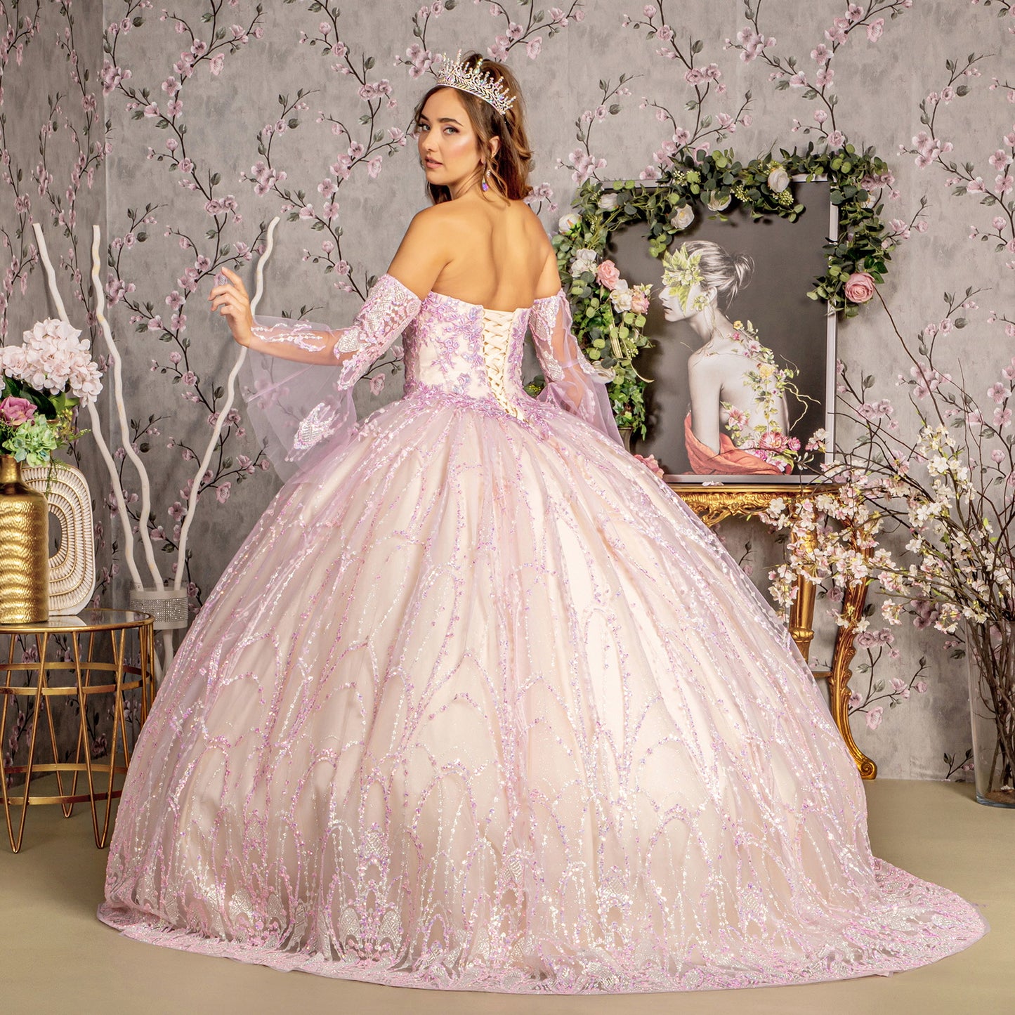 Jewel Sequin Mesh Ball Gown w/ Detachable Long Sleeves