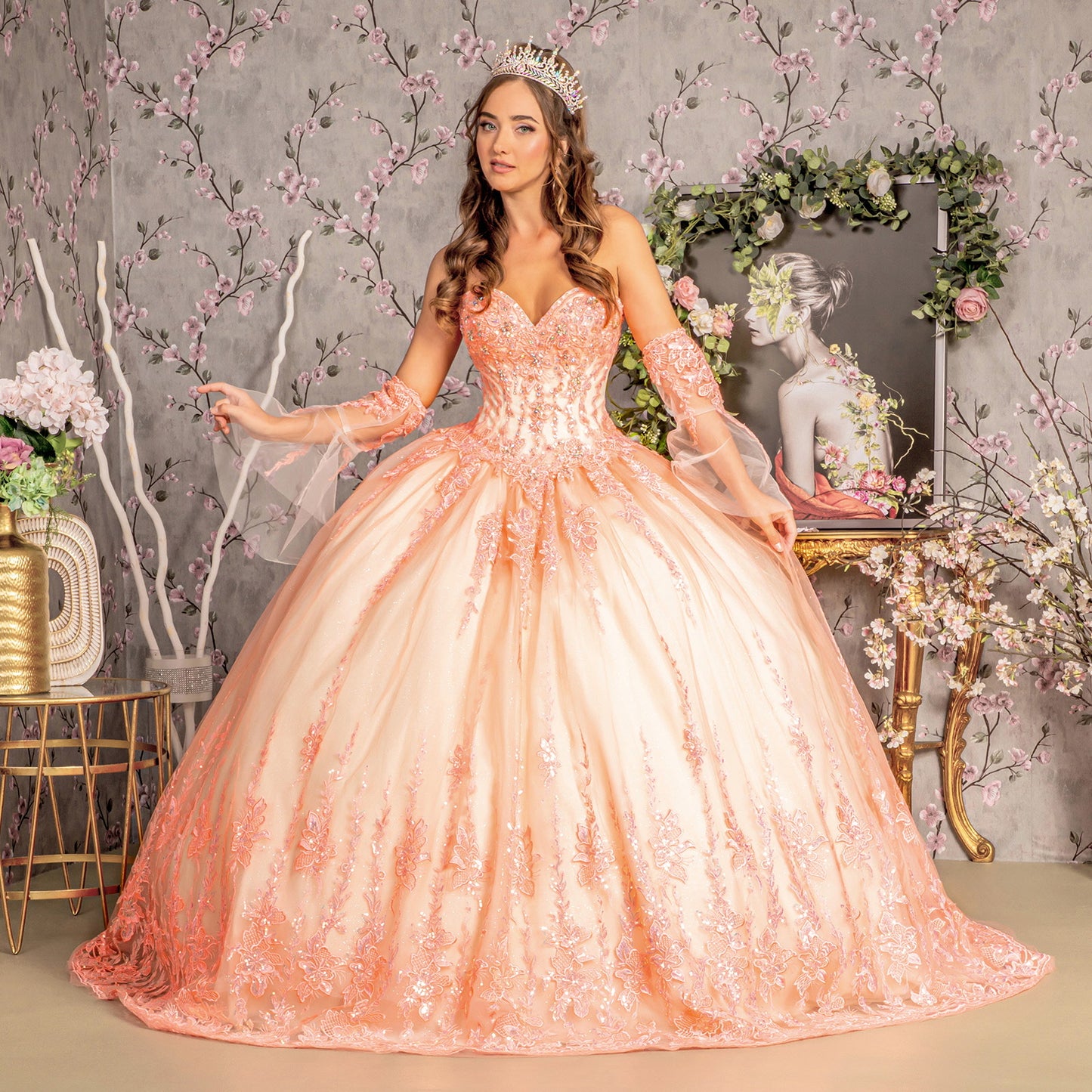 Jewel Sequin Sweetheart Mesh Ball Gown w/ Long Sheer Sleeves