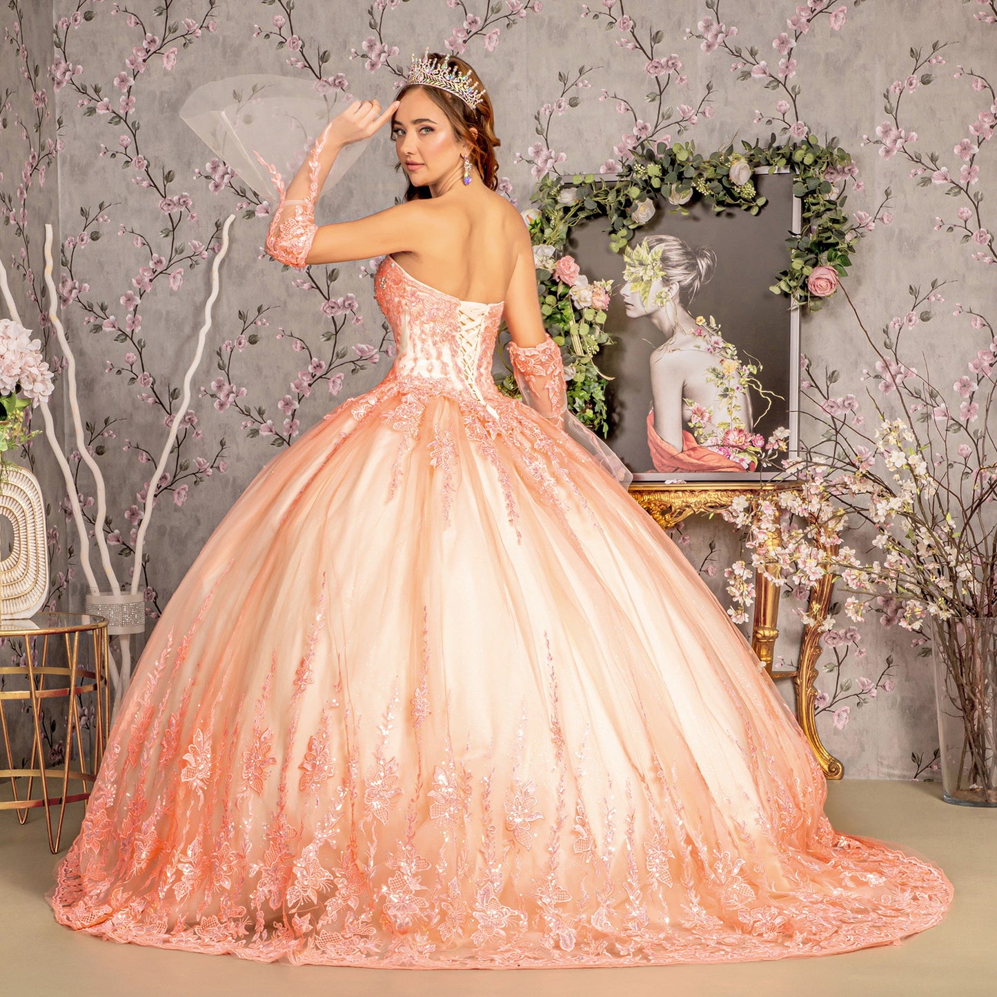 Jewel Sequin Sweetheart Mesh Ball Gown w/ Long Sheer Sleeves