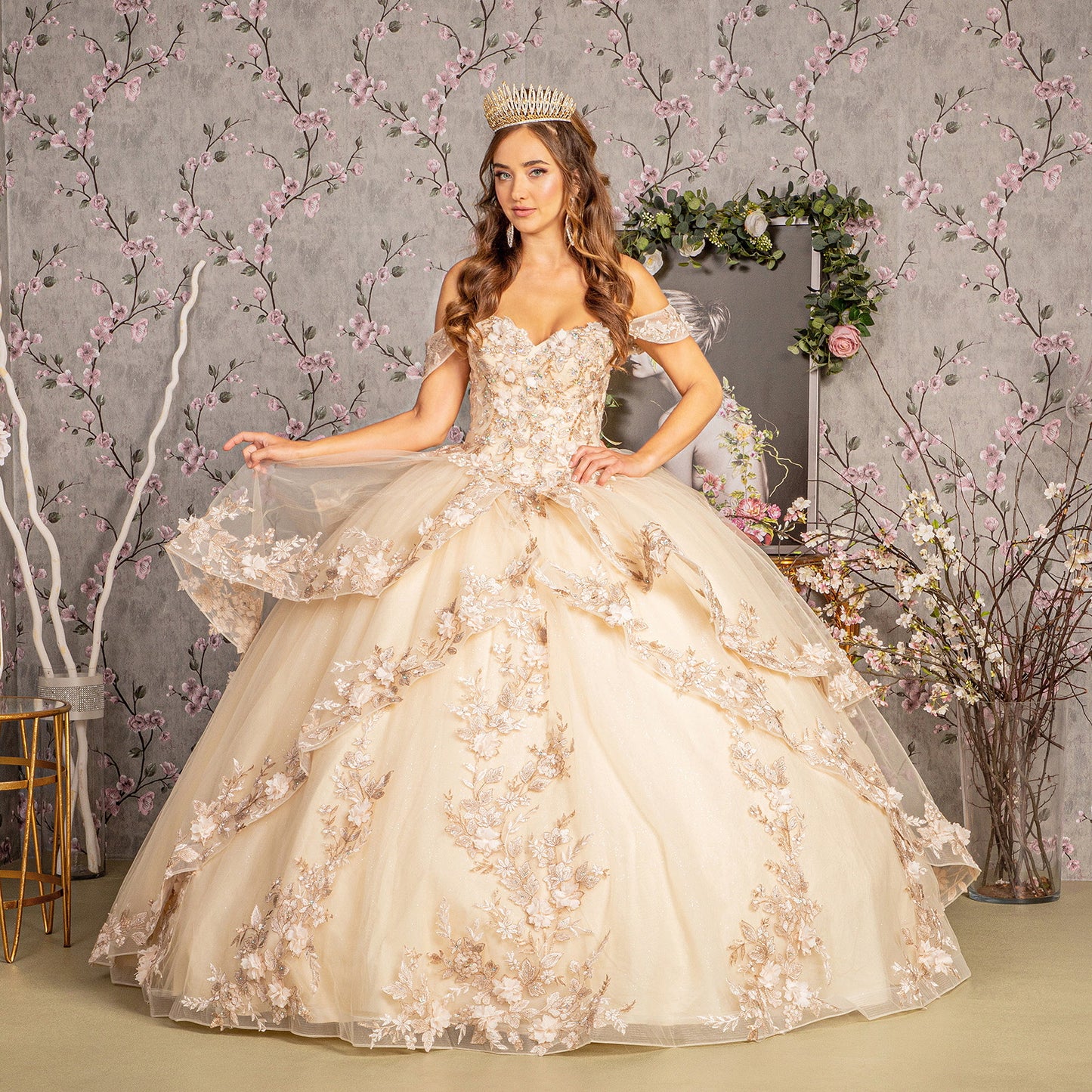 Jewel Sequin Sweetheart Off Shoulder Mesh Ball Gown