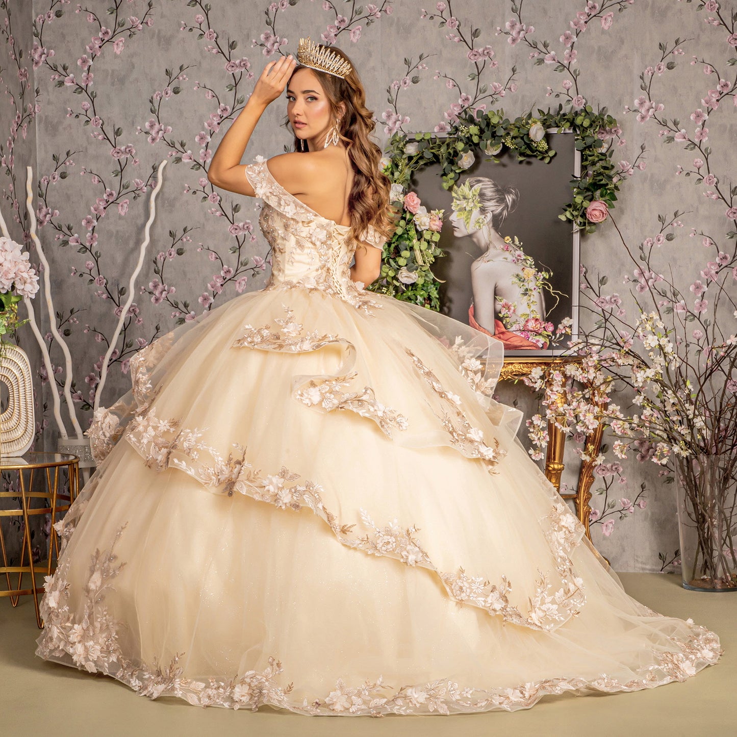 Jewel Sequin Sweetheart Off Shoulder Mesh Ball Gown