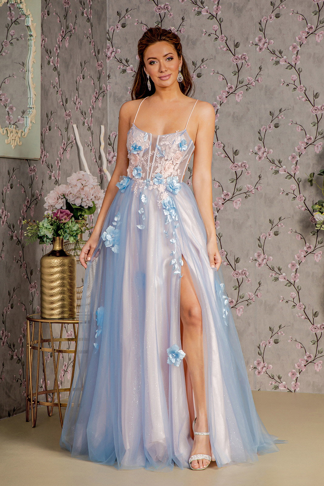 3-D Flower Sheer Bodice Cut-out Back Mesh A-line Long Dress Glow & Style 3-D Flower Sheer Bodice Cut-out Back Mesh A-line Long Dress Glow & Style