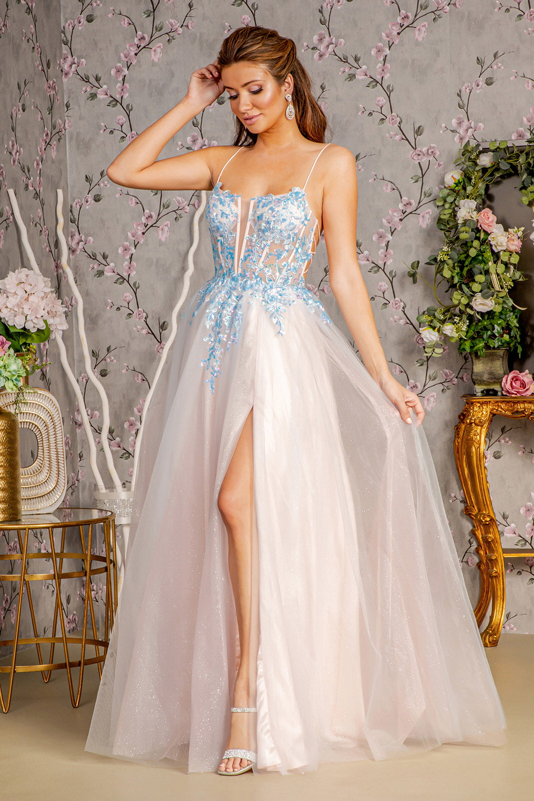 Glitter Sequin Sheer Corset Bodice Mesh A-line Long Dress Glow & Style Glitter Sequin Sheer Corset Bodice Mesh A-line Long Dress Glow & Style