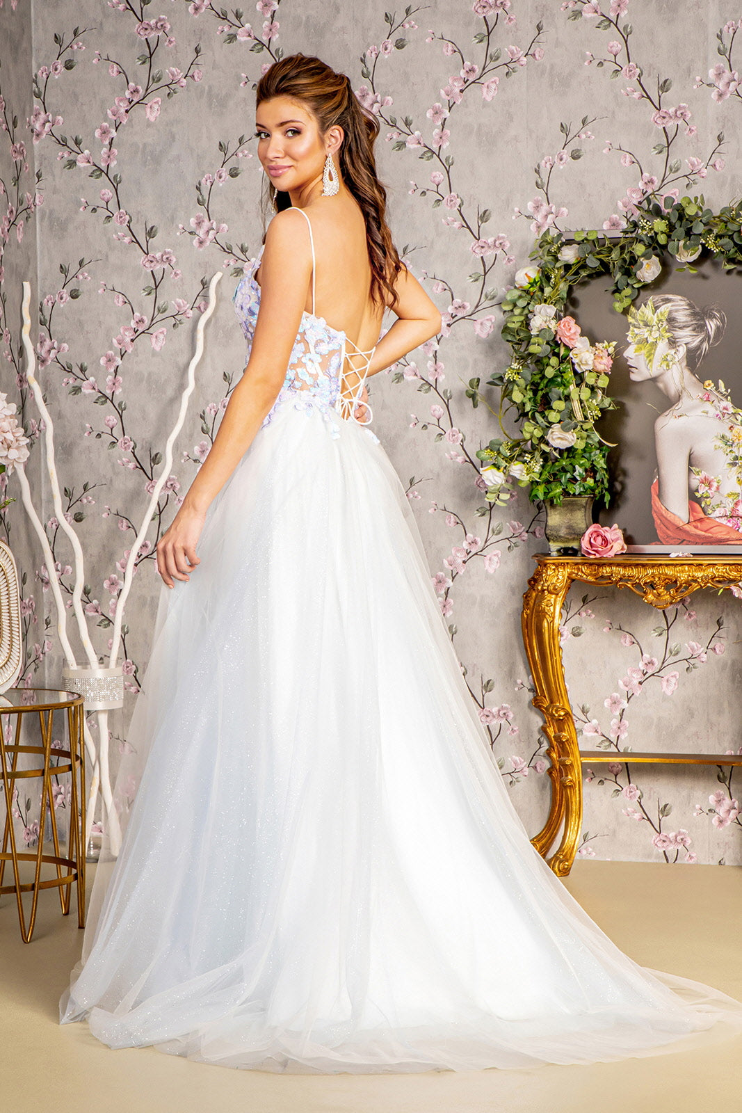 3-D Butterfly Sheer Corset Bodice A-line Mesh Long Dress