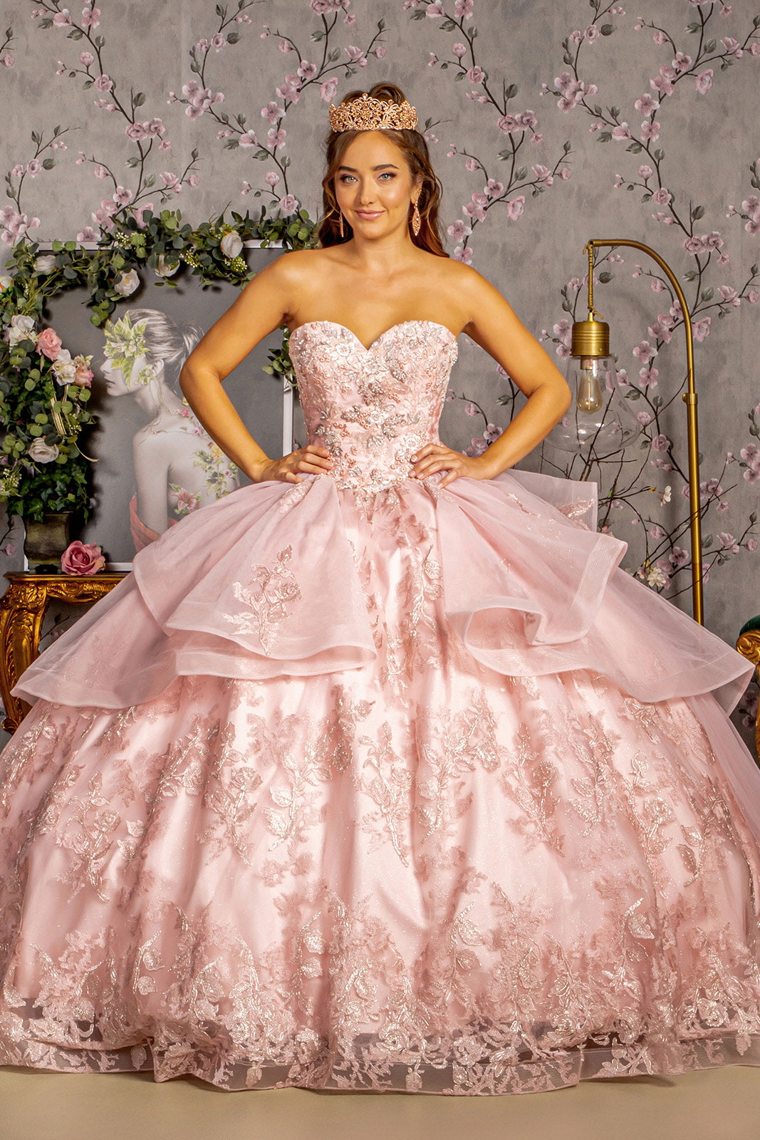 Metallic Sequin Glitter Mesh Ball Gown w/ Long Sheer Side Sleeves
