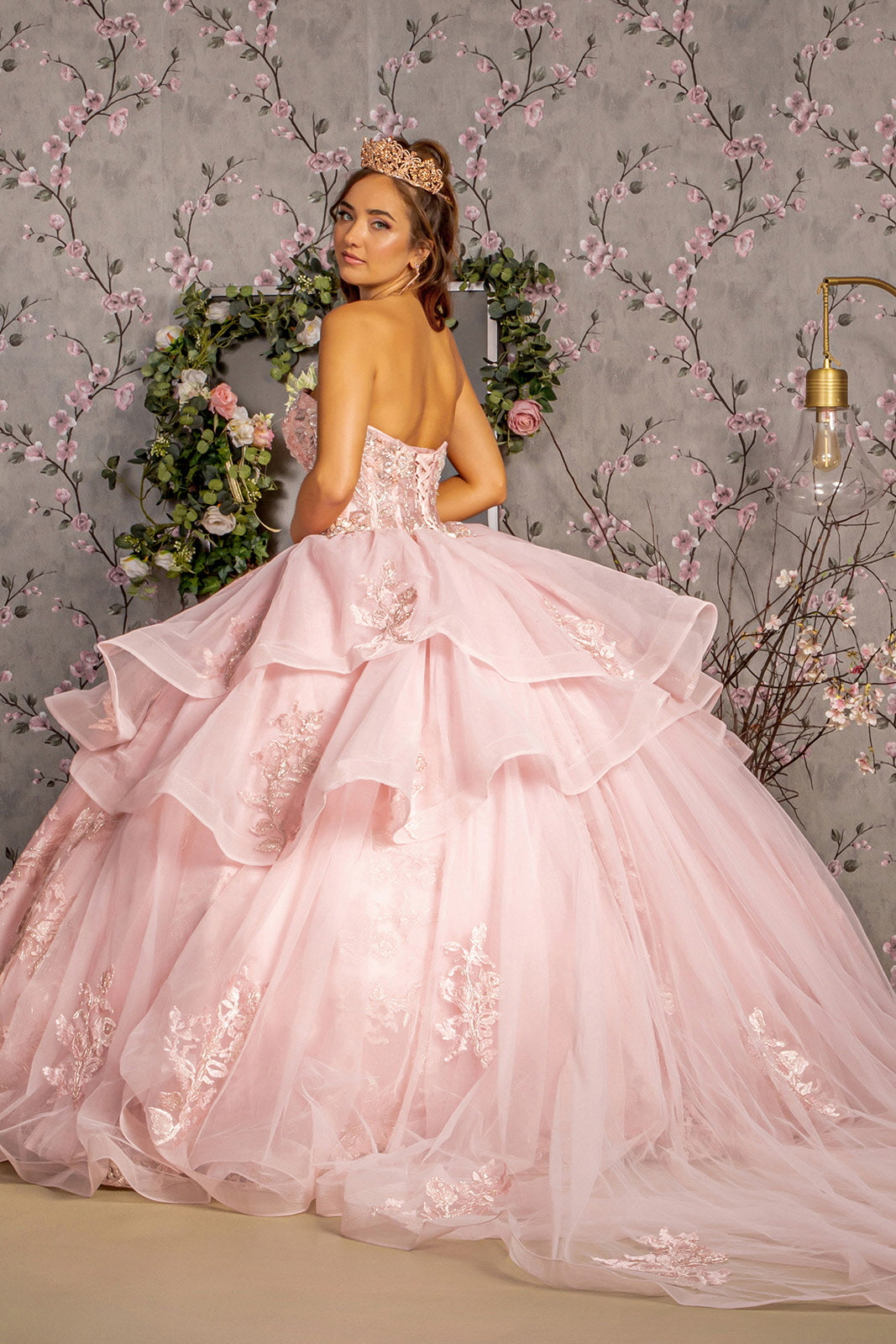 Metallic Sequin Glitter Mesh Ball Gown w/ Long Sheer Side Sleeves