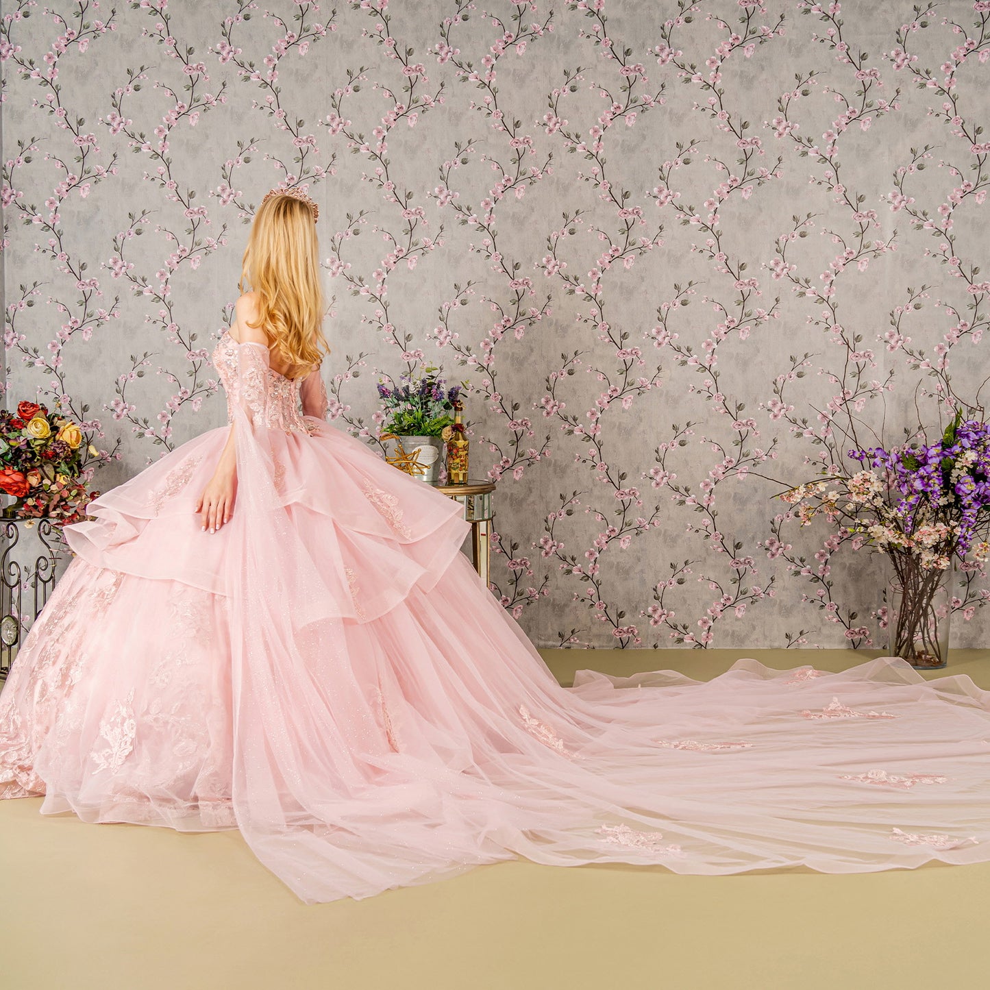 Metallic Sequin Glitter Mesh Ball Gown w/ Long Sheer Side Sleeves