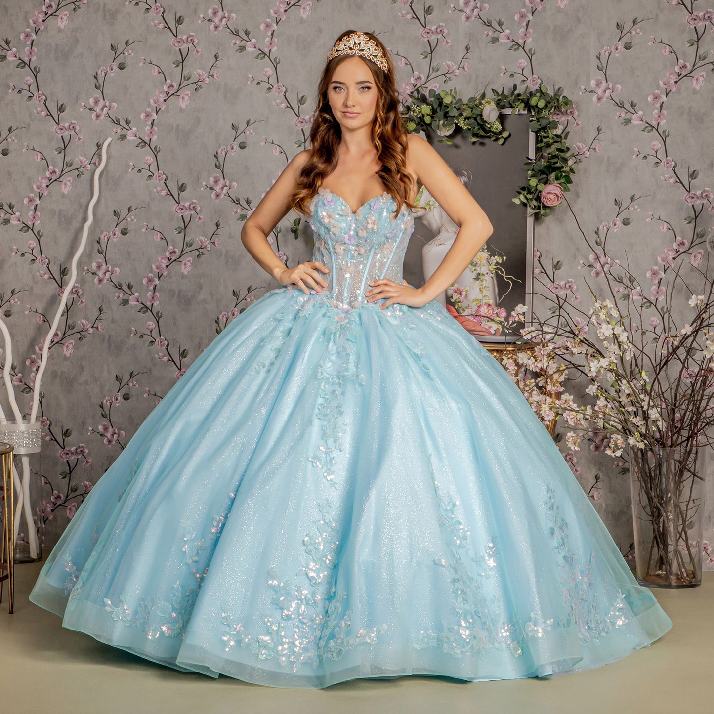3-D Flower Embroidery Sheer Corset Bodice Mesh Ball Gown
