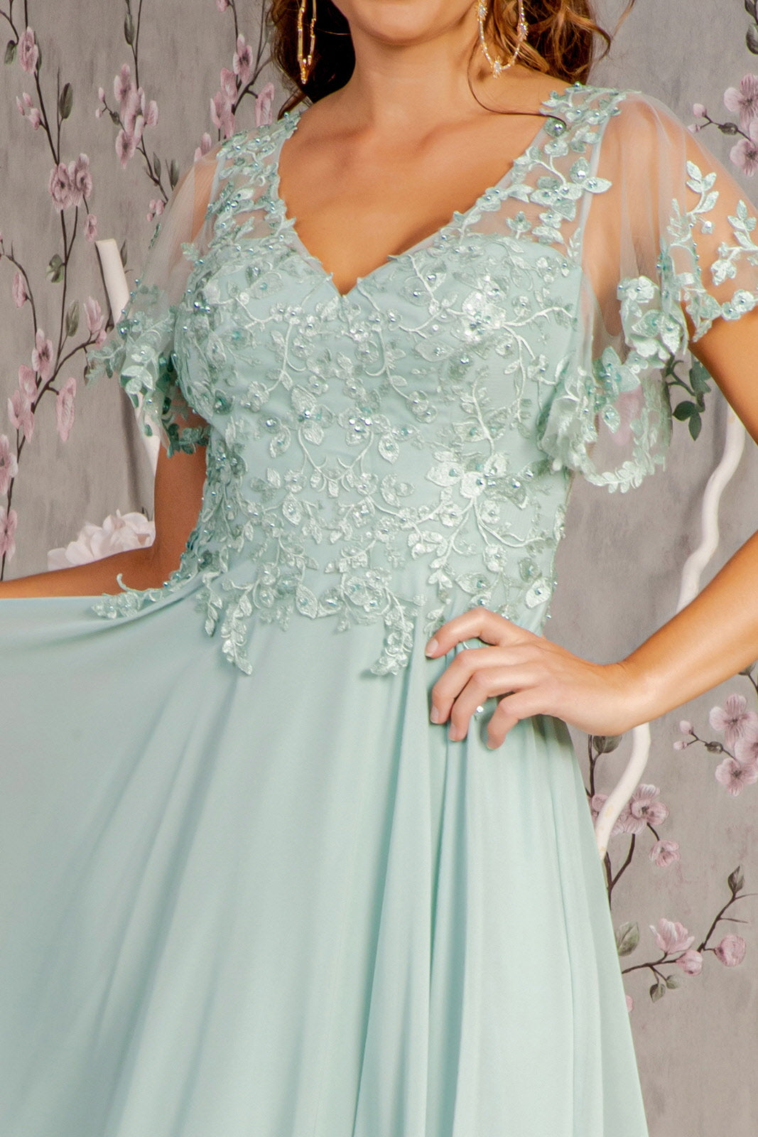 3-D Flower Embroidery Chiffon A-line Long Dress w/ Sheer Short Sleeves