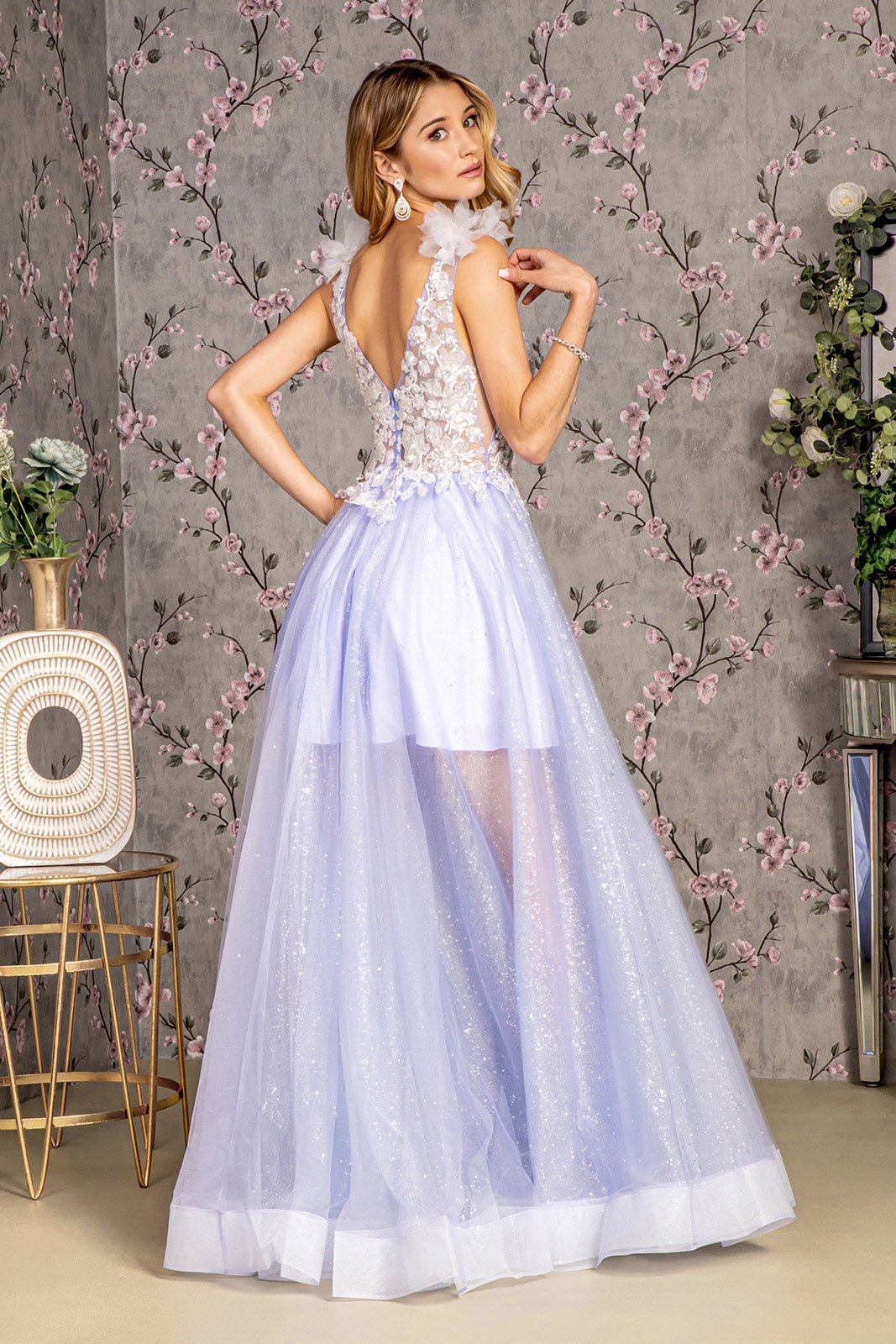 3-D Flower Sheer Bodice V-back Mesh A-line Long Dress