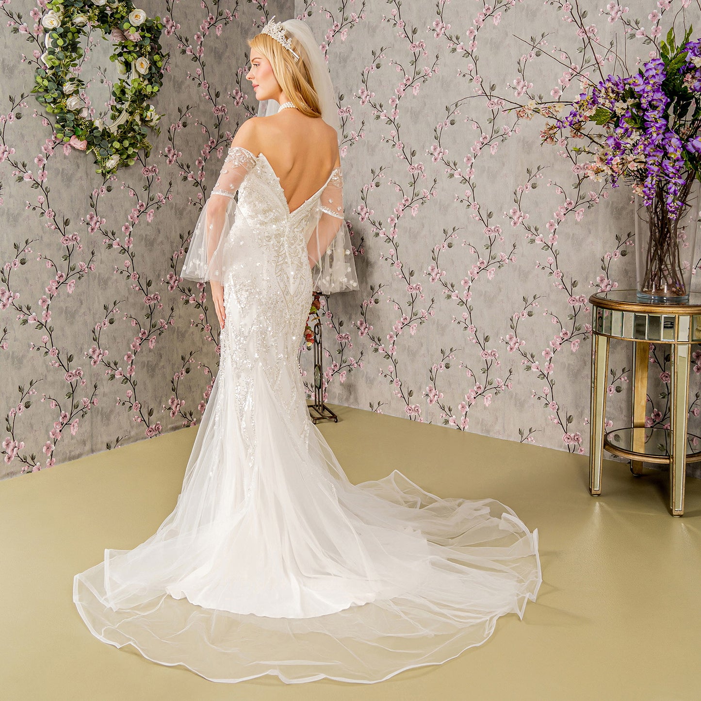 Bead Sequin Mesh Mermaid Wedding Gown w/ Long Sleeves