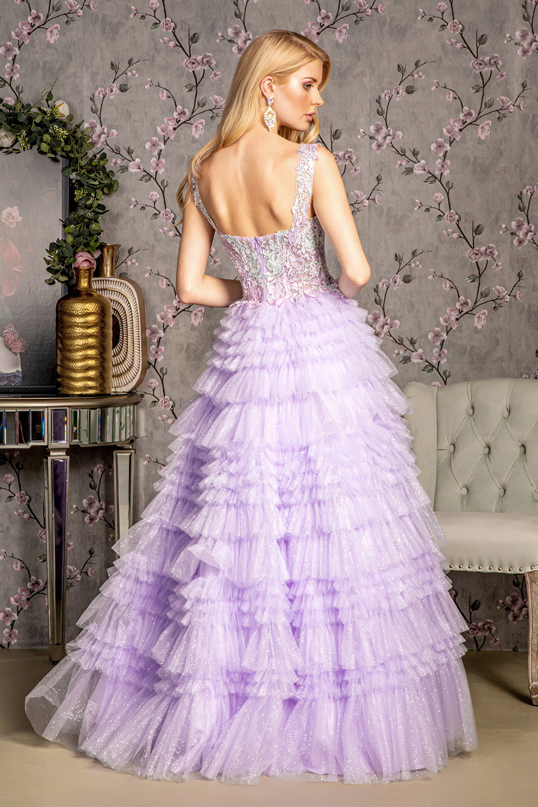 Glitter Bead Sheer Bodice Ruffled Skirt Mesh A-line Long Dress