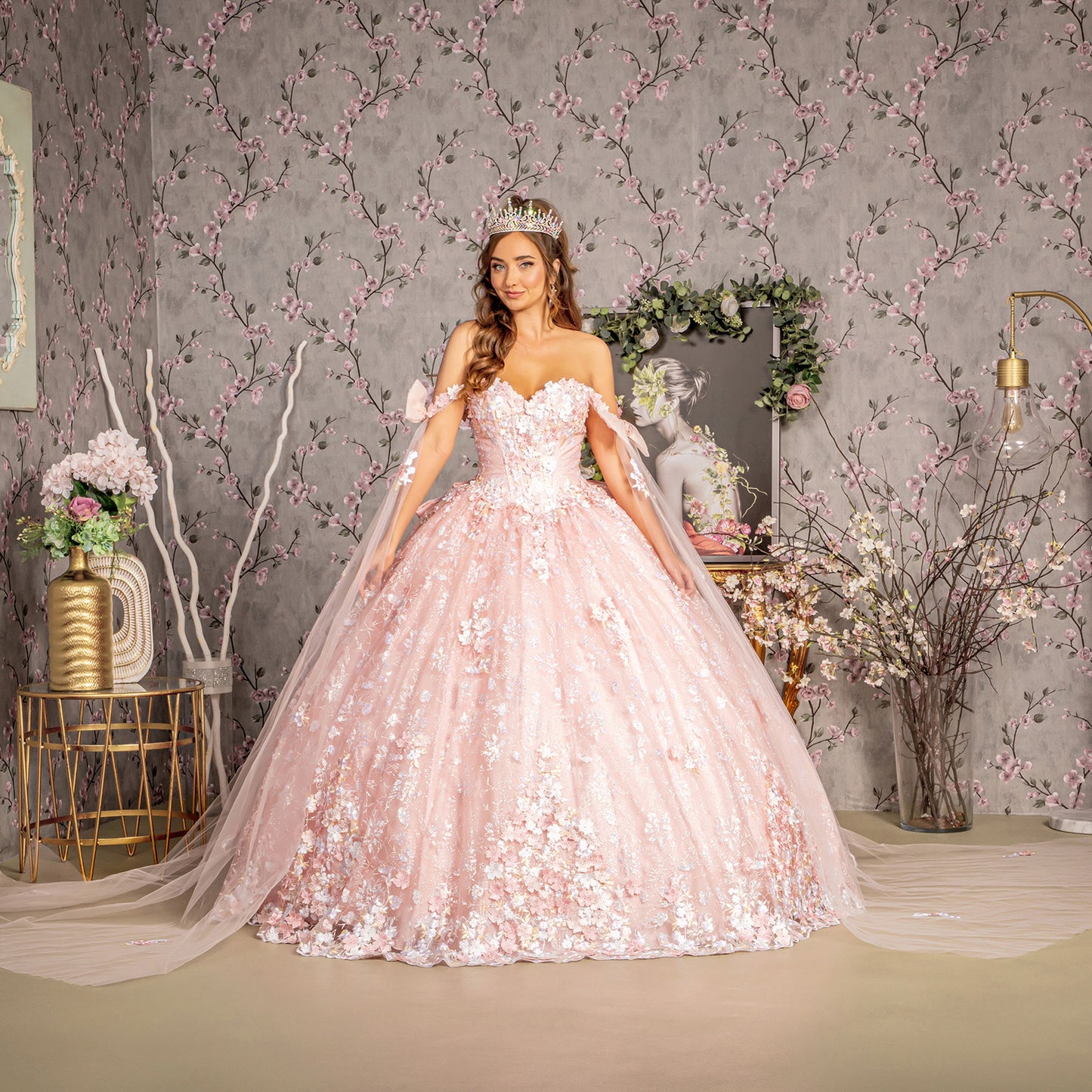 Detachable Ribbons Jewel Mesh Ball Gown w/ Side Mesh Long Drapes