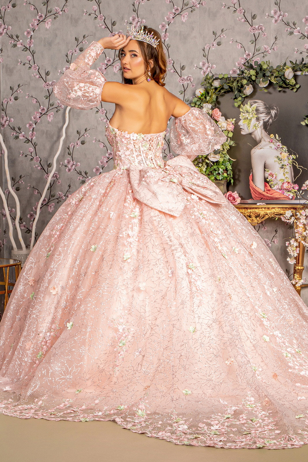 Detachable Big Ribbon Glitter Mesh Ball Gown w/ Long Puff Sleeves