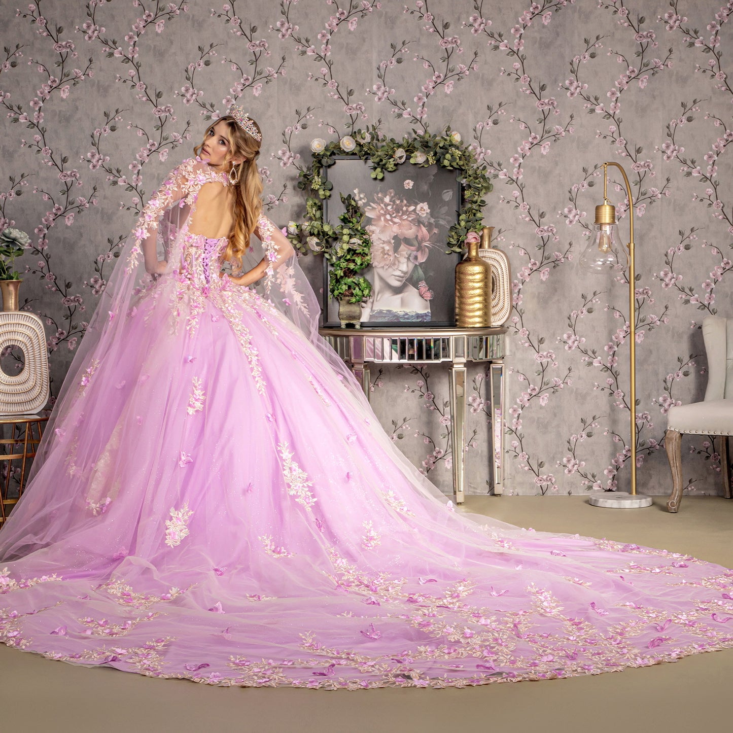 Sheer Bodice Strapless Sweetheart Mesh Ball Gown w/ Side Mesh Long Drapes