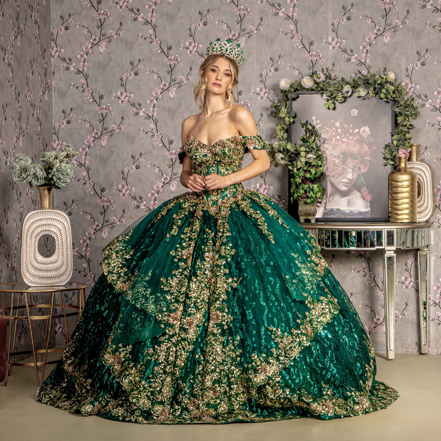 Metallic Embroidery Sheer Bodice Jewel Mesh Ball Gown
