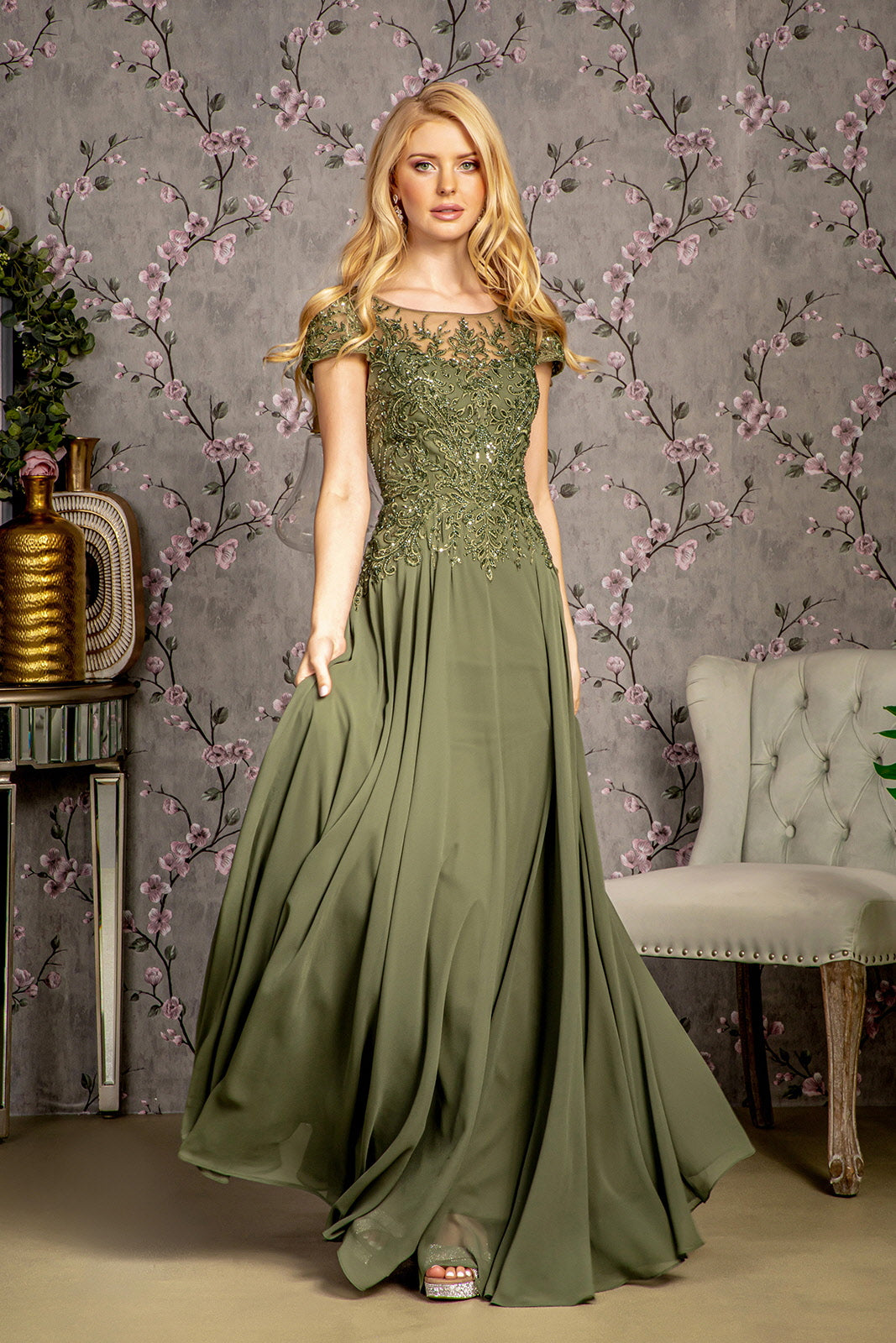 Embroidery Bead Sheer Bodice A-line Chiffon Long Dress Glow & Style Embroidery Bead Sheer Bodice A-line Chiffon Long Dress Glow & Style