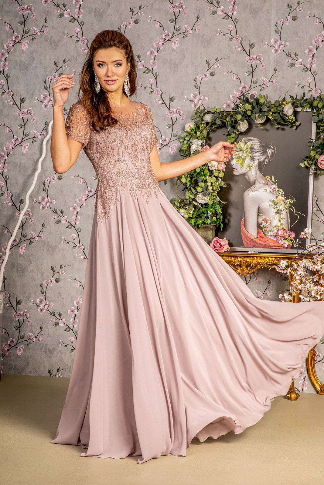 Bead Embroidery Sheer Short Sleeves A-line Mesh Long Dress Glow & Style Bead Embroidery Sheer Short Sleeves A-line Mesh Long Dress Glow & Style