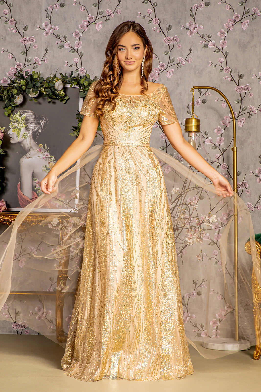 Metallic Bead Mesh A-line Long Dress w/ Waist Band and Long Drape Glow & Style Metallic Bead Mesh A-line Long Dress w/ Waist Band and Long Drape Glow & Style