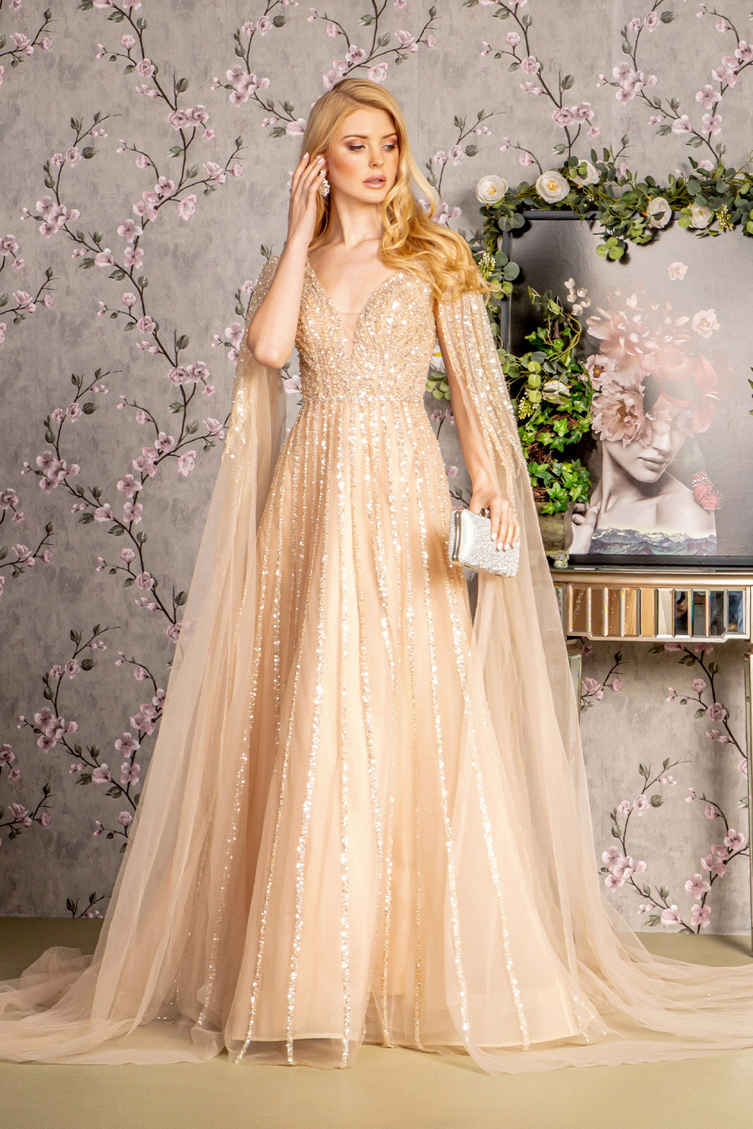 Bead Sequin Mesh A-line Long Dress w/ Side Cape Long Sleeves Glow & Style Bead Sequin Mesh A-line Long Dress w/ Side Cape Long Sleeves Glow & Style