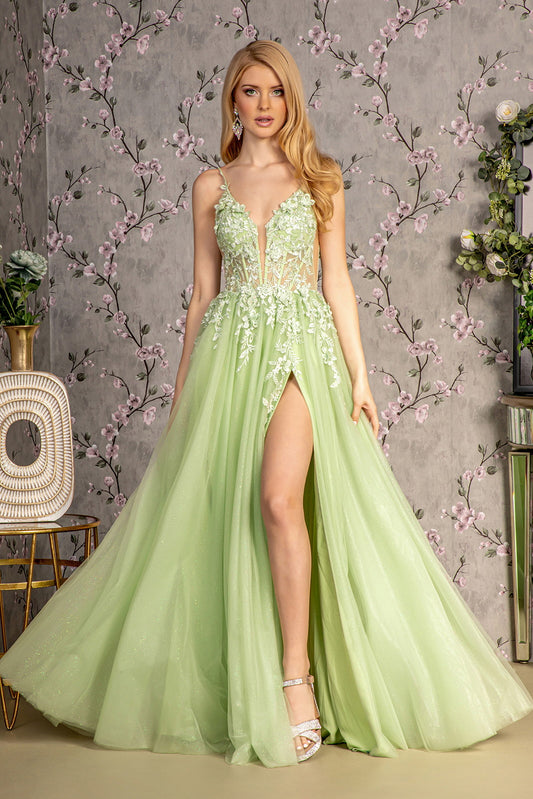 3-D Flower Glitter Sheer Bodice Mesh A-line Long Dress w/ Side Slit