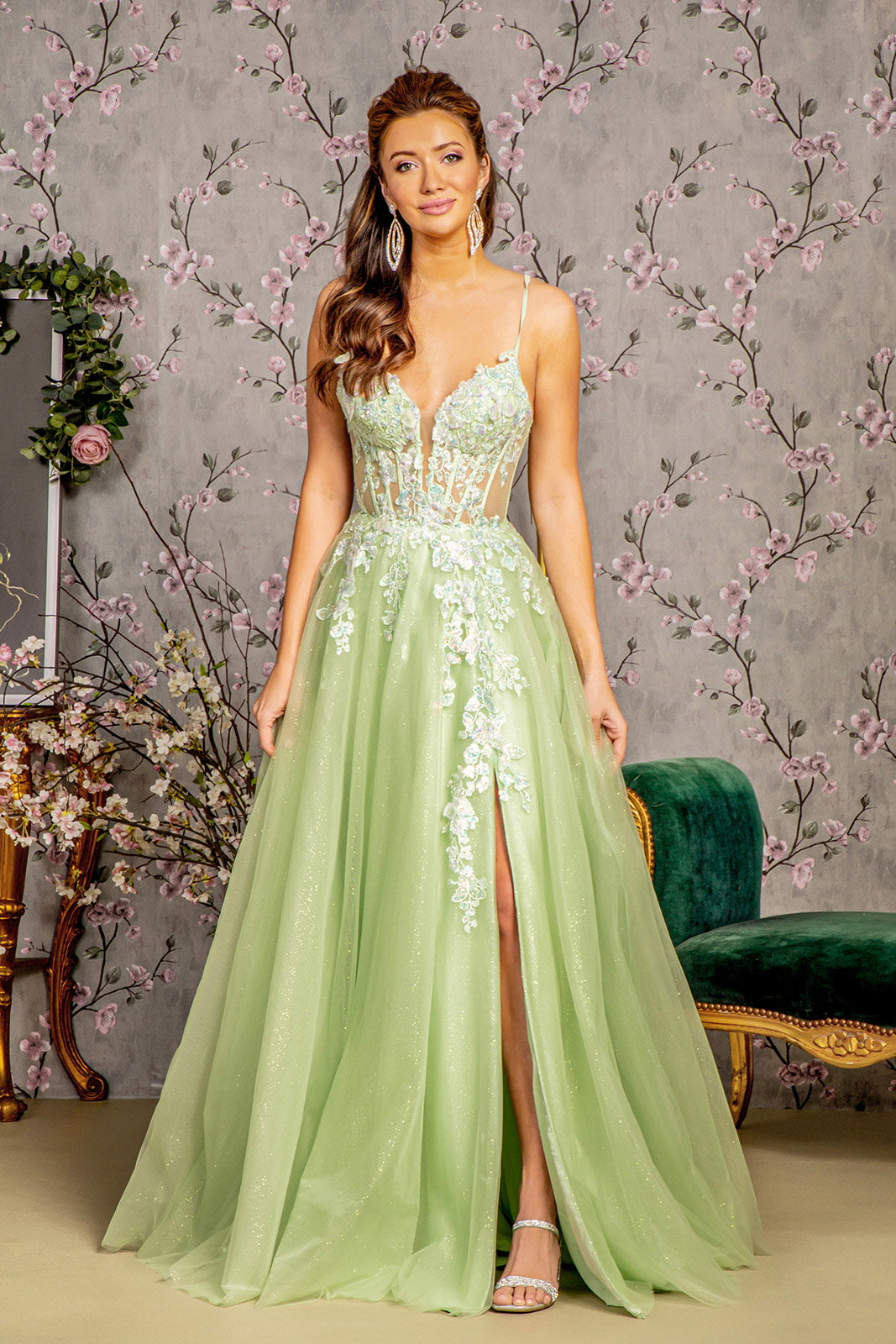 3-D Butterfly Sheer Corset Bodice Mesh A-line Long Dress – Glow & Style