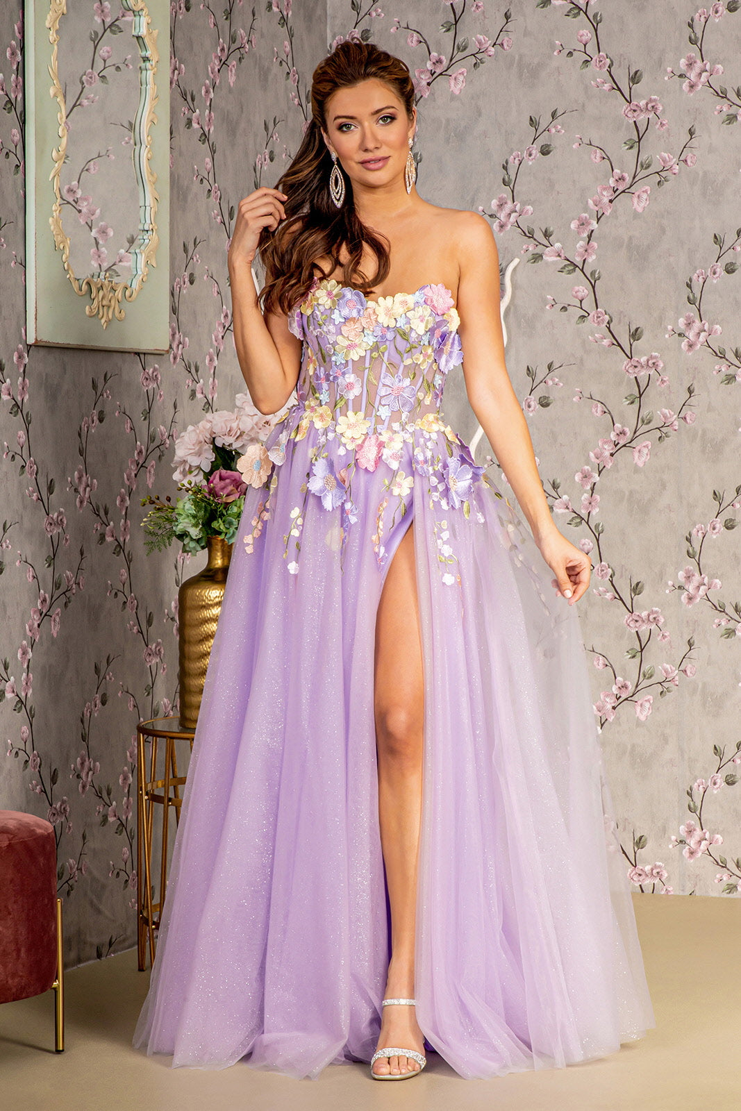 3-D Flower Glitter Mesh A-line Long Dress w/ Long Sleeves – Glow & Style