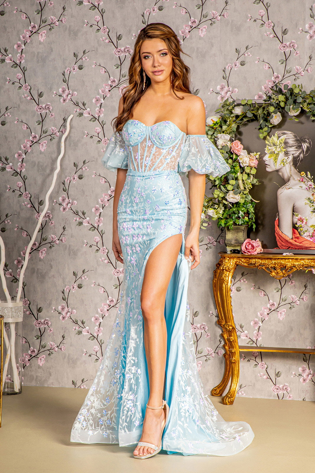Glitter Sequin Mesh Mermaid Long Dress w/ Detachable Puff Sleeves
