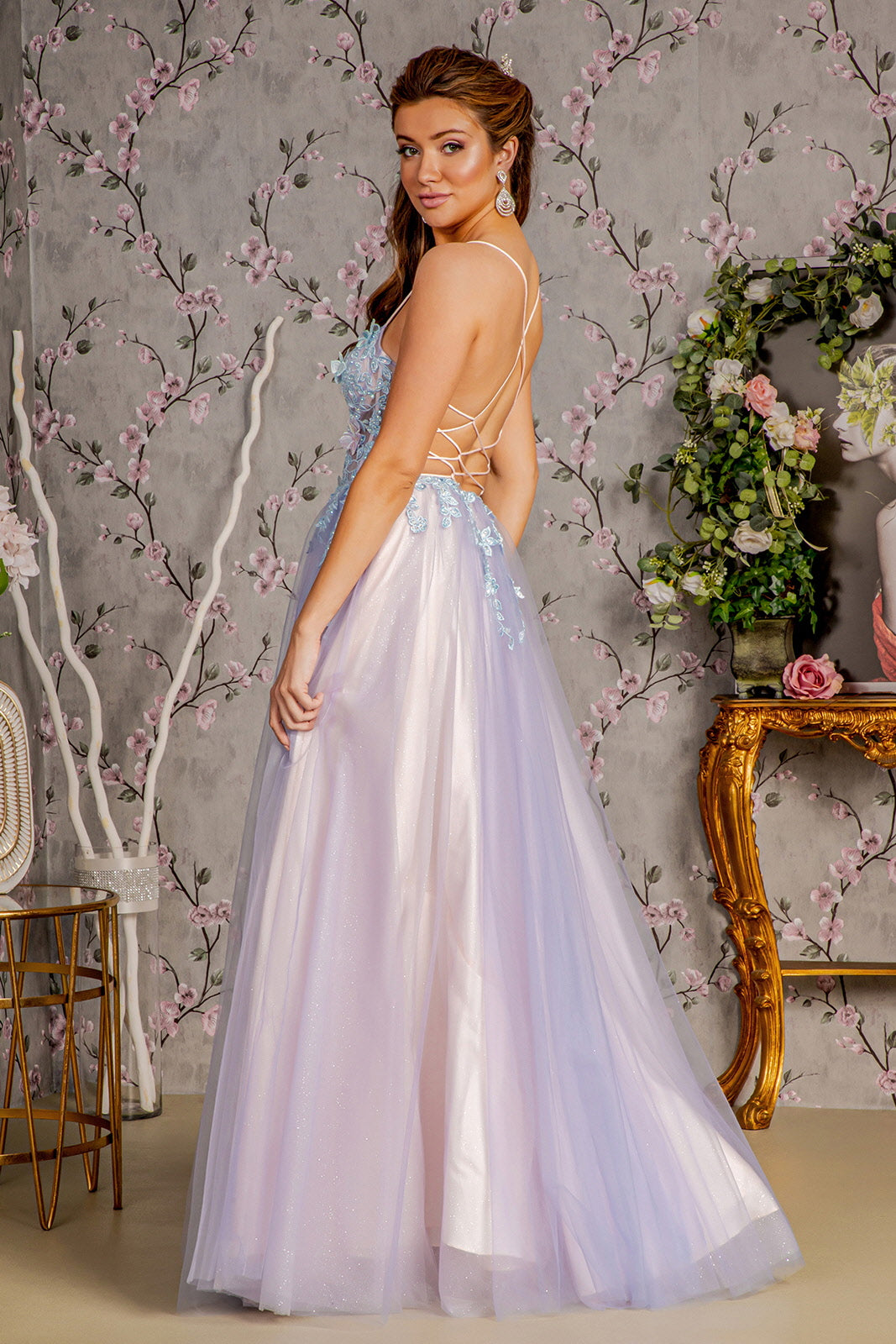3-D Butterfly Sheer Bodice Cut-out Back Mesh A-line Long Dress – Glow & Style