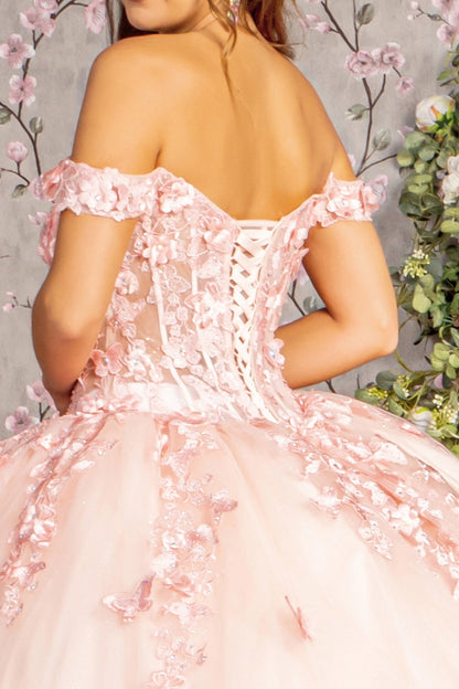 3-D Flower Glitter Bead Sheer Corset Bodice Mesh Ball Gown