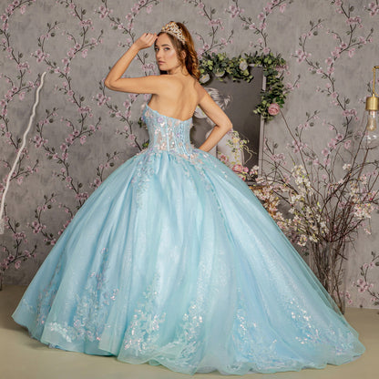3-D Flower Embroidery Sheer Corset Bodice Mesh Ball Gown