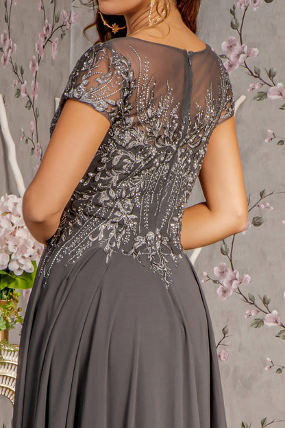 Bead Embroidery Sheer Neckline Chiffon A-line Long Dress