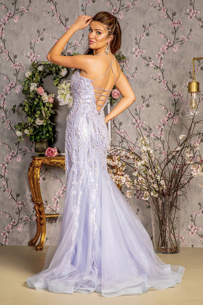 Metallic Embroidery Mesh Trumpet Long Dress w/ Side Slit Glow & Style Metallic Embroidery Mesh Trumpet Long Dress w/ Side Slit Glow & Style