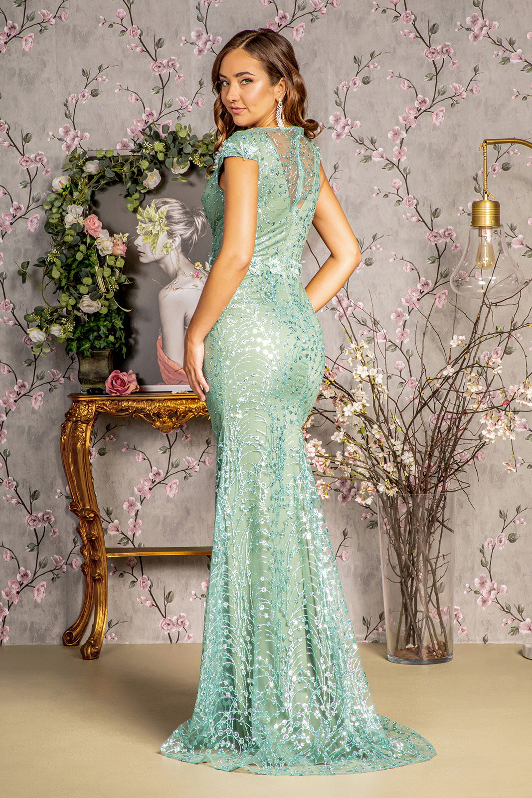 3-D Flower Glitter Sheer Neckline Mesh Mermaid Long Dress