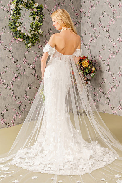 Floral Embroidery Mesh Mermaid Wedding Gown w/ Long Back Drape