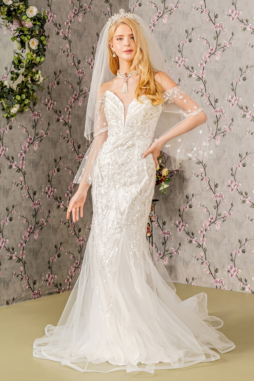mermaid style long sleeve wedding dress Bead Sequin Mesh Mermaid Wedding Gown w/ Long Sleeves – Glow & Style