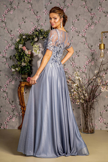 Metallic Embroidery Sheer Neckline Glitter Crepe A-line Long Dress