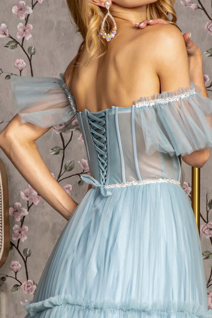 Sequin Bead Sheer Bodice Off Shoulder Mesh A-line Long Dress