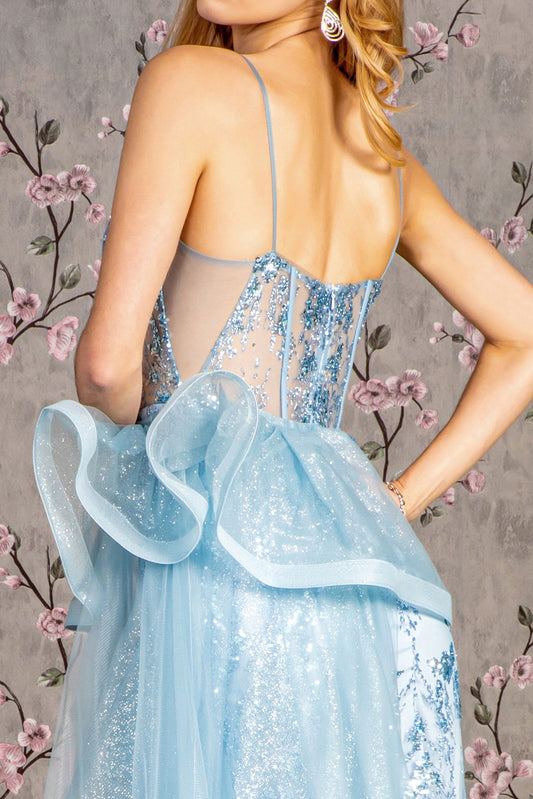 Glitter Mesh Mermaid Long Dress w/ Detachable Side Waist Drape