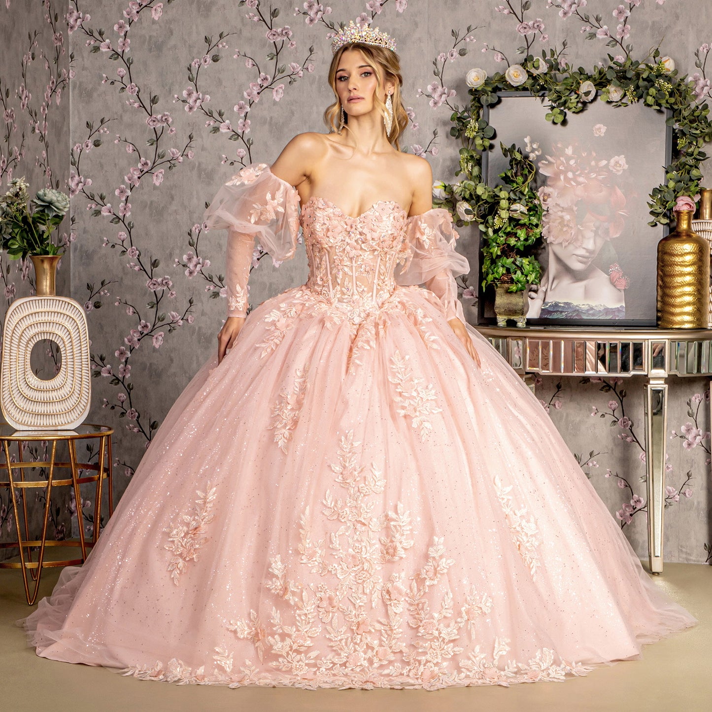 Glitter Embroidery Sheer Bodice Mesh Ball Gown w/ Long Puff Sleeves