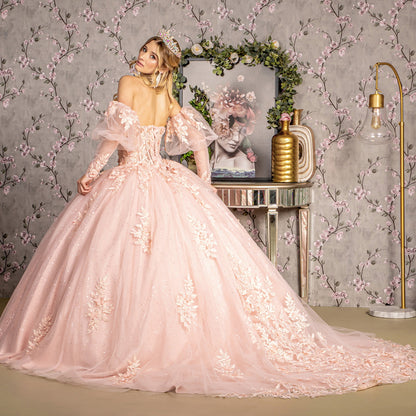 Glitter Embroidery Sheer Bodice Mesh Ball Gown w/ Long Puff Sleeves