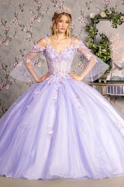 Jewel Glitter Sequin Sweetheart Mesh Ball Gown w/ Long Sleeves