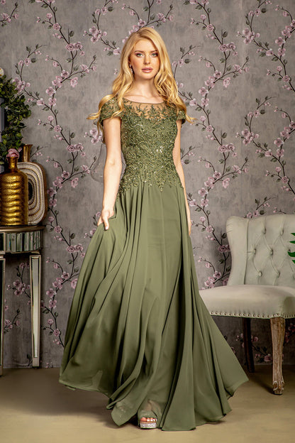 Embroidery Bead Sheer Bodice A-line Chiffon Long Dress Glow & Style Embroidery Bead Sheer Bodice A-line Chiffon Long Dress Glow & Style