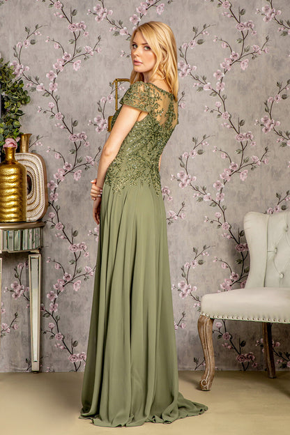 Embroidery Bead Sheer Bodice A-line Chiffon Long Dress Glow & Style Embroidery Bead Sheer Bodice A-line Chiffon Long Dress Glow & Style
