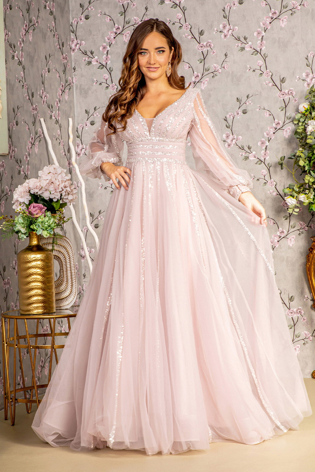 Bead Sequin Mesh A-line Long Dress w/ Sheer Puff Sleeves – Glow & Style